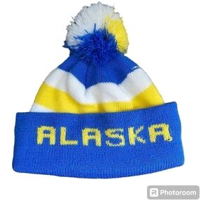 Vintage 70s Alaska Blue Yellow Knit Pom Pom Ski Winter Hat